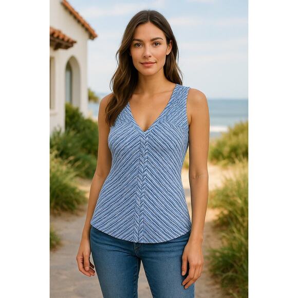 At Last Tops - At Last New York Blue Striped Sleeveless Cotton Top – Size Small